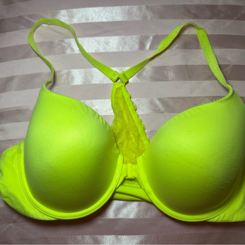 Neon Yellow Victoria’s Secret Lace Racerback 38D Lined Demi front closure bra